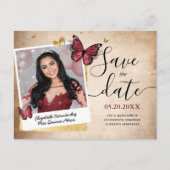 Burgundy Gold Butterfly Quince Photo Save the Date Announcement Postcard (Front)