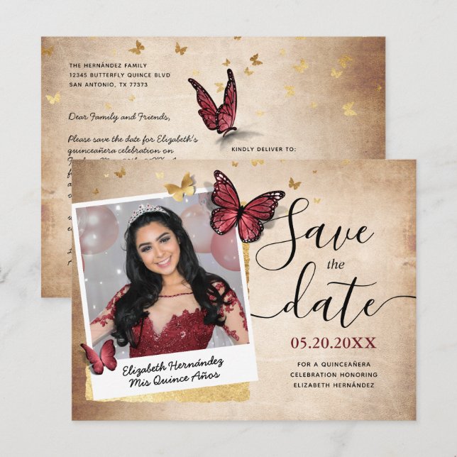 Burgundy Gold Butterfly Quince Photo Save the Date Announcement Postcard (Front/Back)