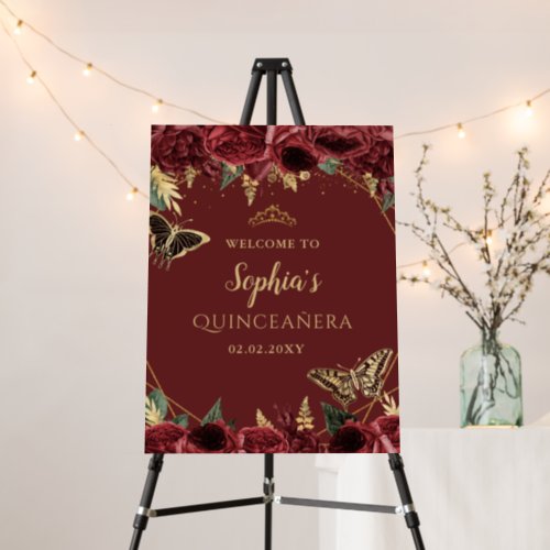 Burgundy Gold Butterfly Quinceaera Welcome Sign