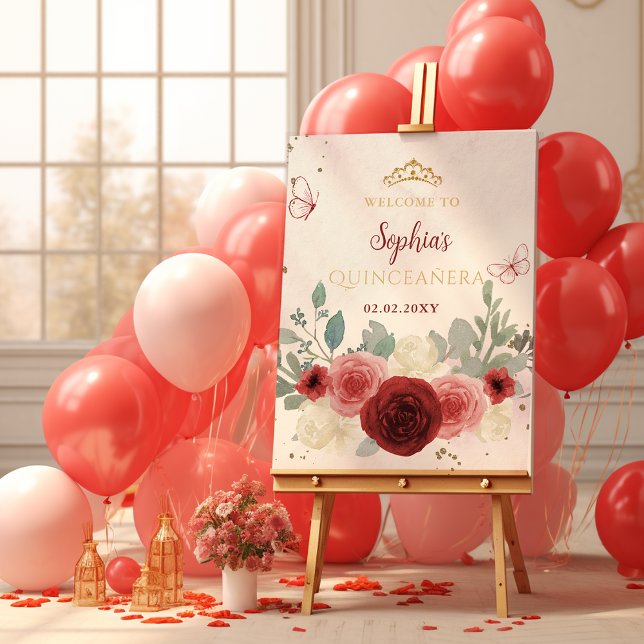 Burgundy Gold Butterfly Quinceañera Welcome Sign (Burgundy Gold Butterfly Quinceañera Welcome Sign)