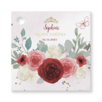 Burgundy Gold Butterfly Tiara Floral Quinceañera  Favor Tags
