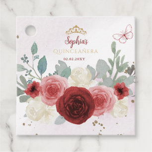Burgundy Gold Butterfly Tiara Floral Quinceañera Favor Tags