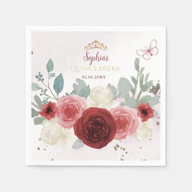 Burgundy Gold Butterfly Tiara Floral Quinceañera  Napkins (Front)