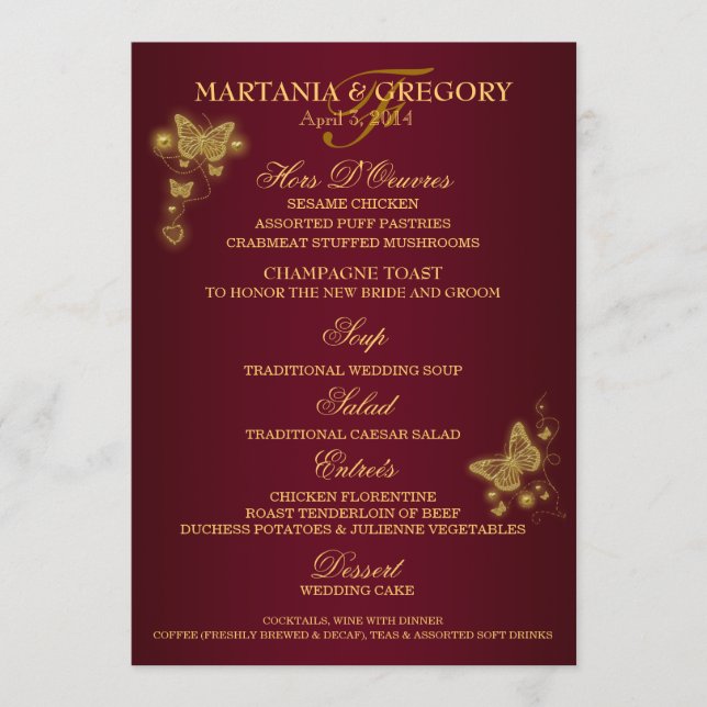 Burgundy gold butterfly wedding menu (Front)