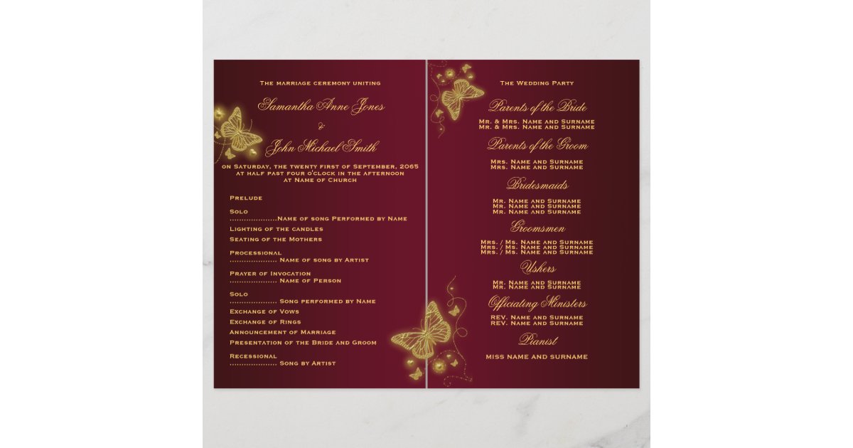 Burgundy Gold Butterfly Wedding Program Zazzle Com