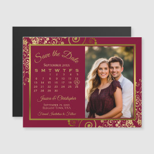 Burgundy & Gold Calendar Photo Save Date Magnet