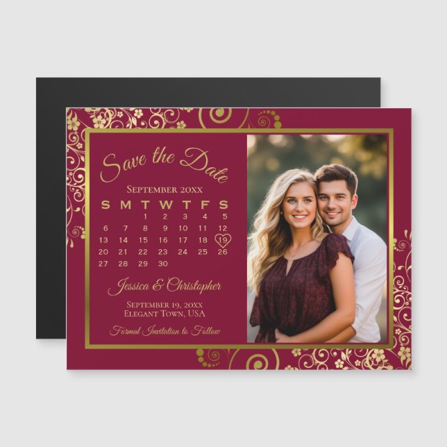 Burgundy & Gold Calendar Photo Save Date Magnet (Front/Back)