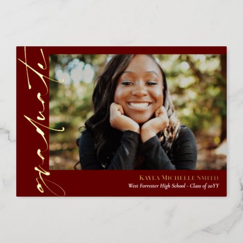 Burgundy Gold Calligraphy Photo Graduation Foil Invitation