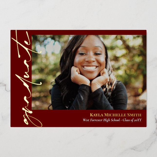 Burgundy Gold Calligraphy Photo Graduation Foil Invitation (Front)