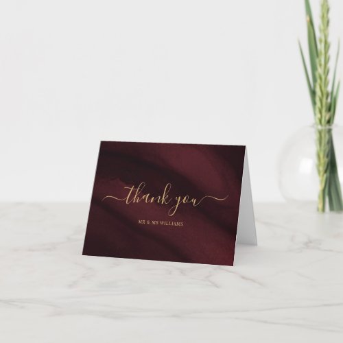 Burgundy  Gold Calligraphy Wedding Thank You Card