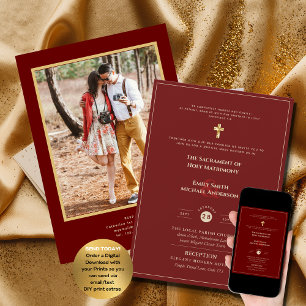 Burgundy Gold Catholic Wedding Nuptial Mass Photo Invitation