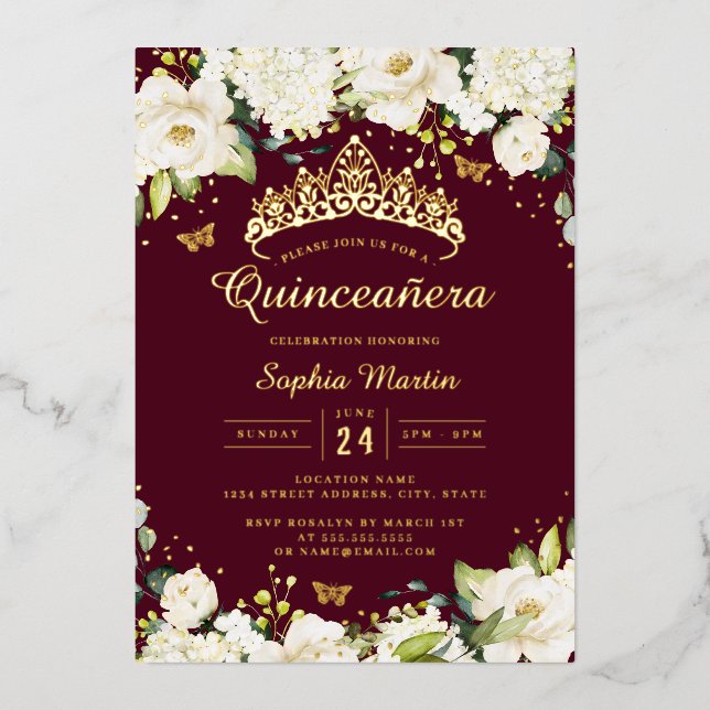 Burgundy Gold Champagne Floral Quinceanera  Foil Invitation (Front)