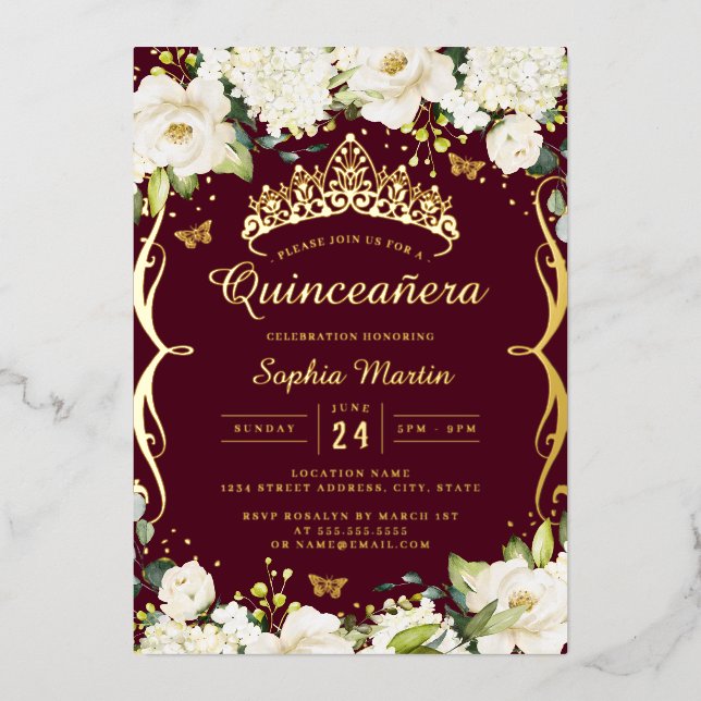 Burgundy Gold Champagne Floral Scroll Quinceanera  Foil Invitation (Front)