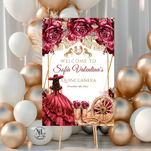 Burgundy Gold Charra Quinceanera Cowboy Boots Poster