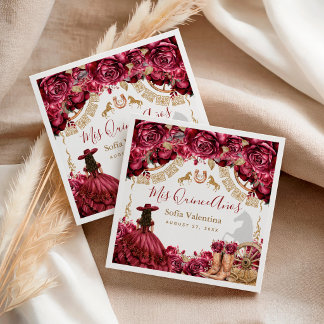 Burgundy Gold Charra Quinceanera Horseshoe Napkins
