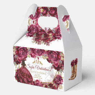 Burgundy Gold Charra Quinceanera Princess Boots Favor Boxes