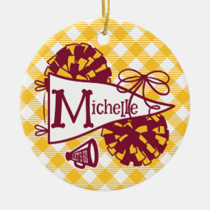 Burgundy Gold Cheer Pennant Gingham Personalized Ceramic Ornament