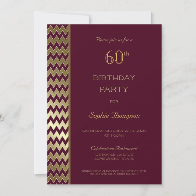 Burgundy Gold Chevron Striped 60th Birthday Party Invitation (Front)