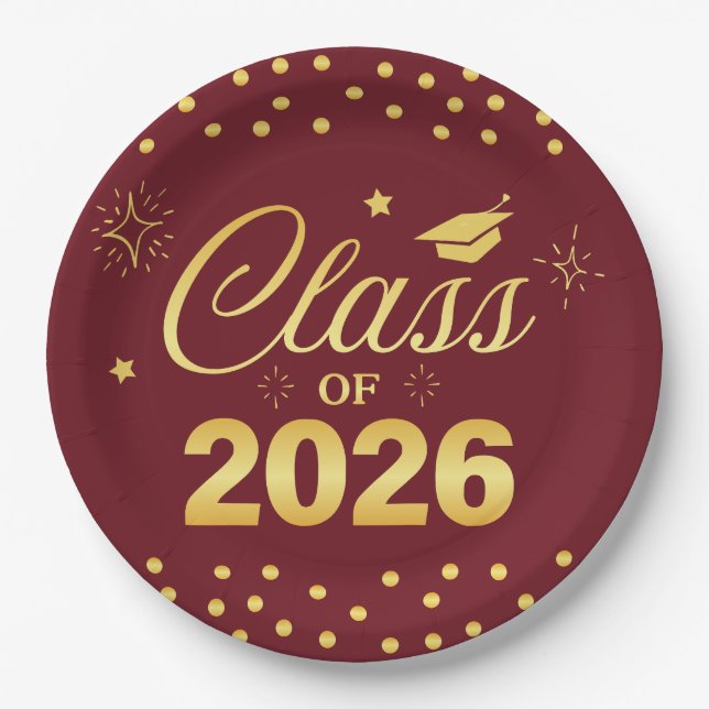 Burgundy Gold Class of 2026 Graduation Plates (Front)