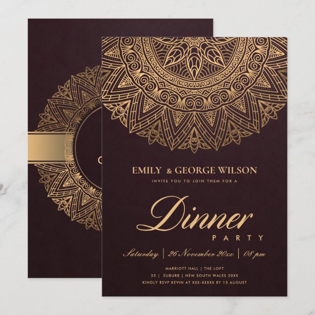 BURGUNDY GOLD CLASSIC ORNATE MANDALA DINNER PARTY INVITATION (Front/Back)
