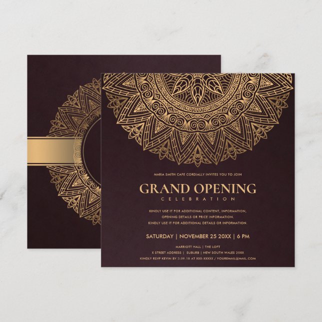 BURGUNDY GOLD CLASSIC ORNATE MANDALA GRAND OPENING INVITATION (Front/Back)