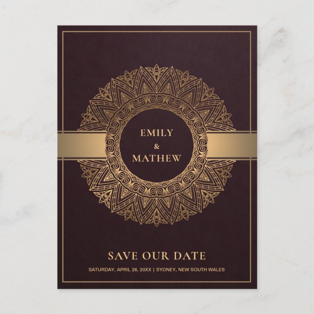 BURGUNDY GOLD CLASSIC ORNATE MANDALA SAVE THE DATE ANNOUNCEMENT POSTCARD (Front)