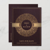 BURGUNDY GOLD CLASSIC ORNATE MANDALA SAVE THE DATE ANNOUNCEMENT POSTCARD (Front/Back)