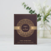 BURGUNDY GOLD CLASSIC ORNATE MANDALA SAVE THE DATE ANNOUNCEMENT POSTCARD (Standing Front)
