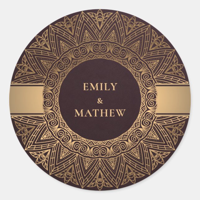 BURGUNDY GOLD CLASSIC ORNATE MANDALA WEDDING ROUND STICKER (Front)