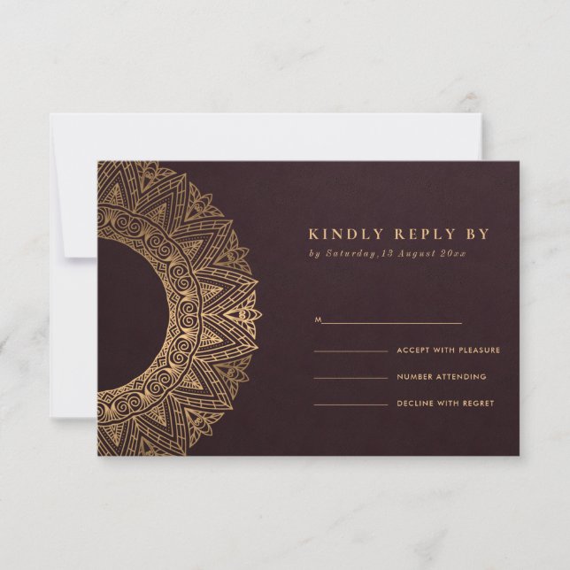BURGUNDY GOLD CLASSIC ORNATE MANDALA WEDDING RSVP (Front)
