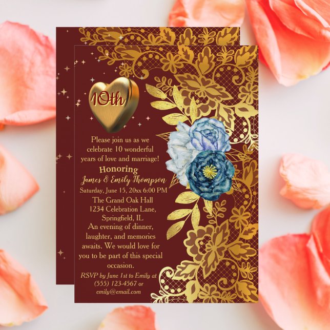 Burgundy & Gold Classy 10th Wedding Anniversary  Invitation (Creator Uploaded)