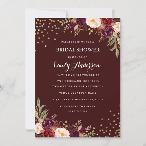 Burgundy Gold Confetti Floral Fall Bridal Shower Invitation | Zazzle