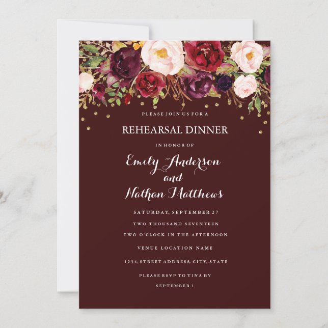 Burgundy Gold Confetti Floral Rehearsal Dinner Invitation (Front)