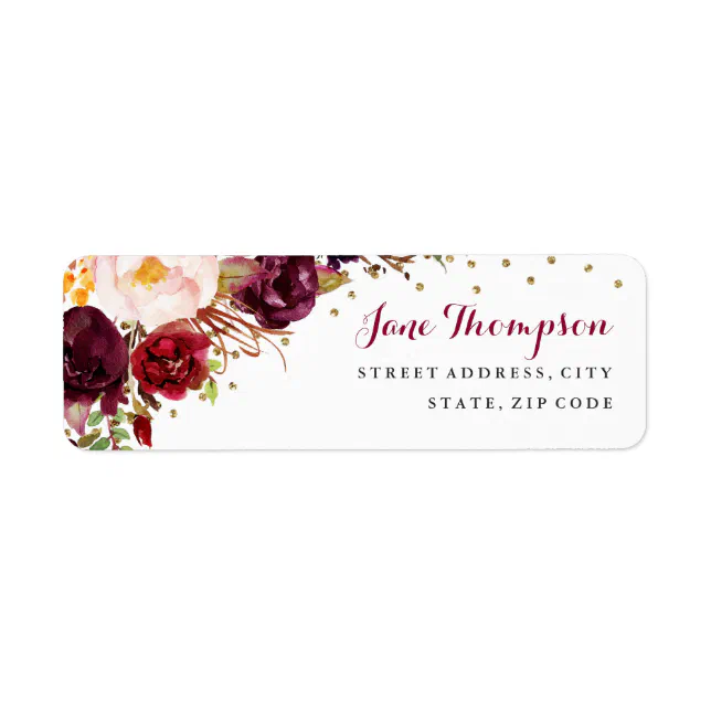 Burgundy Gold Confetti Floral Return Address Label | Zazzle