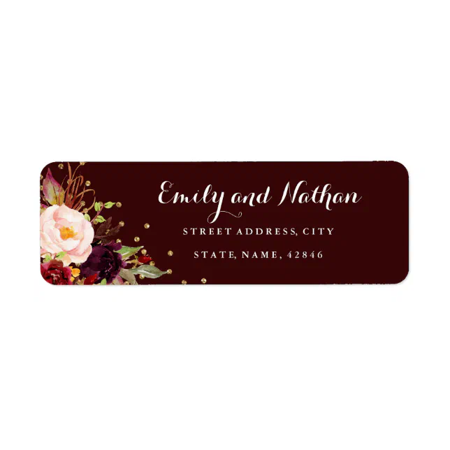 Burgundy Gold Confetti Floral Return Address Label | Zazzle