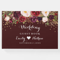 Burgundy Gold Confetti Floral Wedding Guest Book