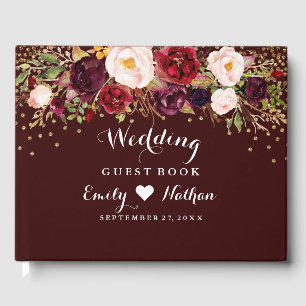 Burgundy Gold Confetti Floral Wedding Guest Book