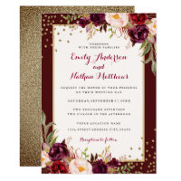Burgundy Gold Confetti Floral Wedding Invitation