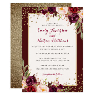 Burgundy Gold Confetti Floral Wedding Invitation