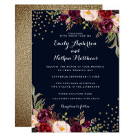 Burgundy Gold Confetti Floral Wedding Invitation