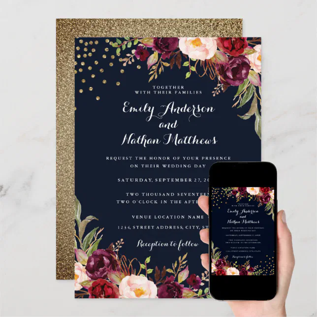 Burgundy Gold Confetti Floral Wedding Invitation Zazzle