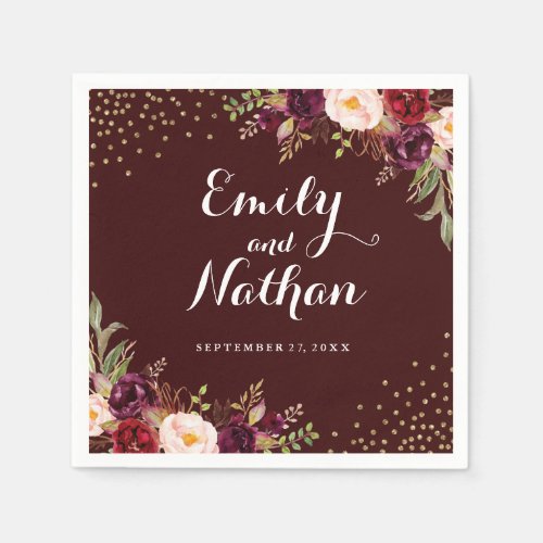 Burgundy Gold Confetti Floral Wedding Napkin