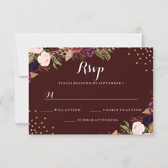 Burgundy Gold Confetti Floral Wedding RSVP (Front)
