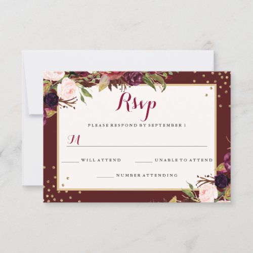 Burgundy Gold Confetti Floral Wedding RSVP Card