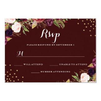 Burgundy Gold Confetti Floral Wedding RSVP Card