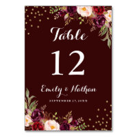 Burgundy Gold Confetti Floral Wedding Table Number