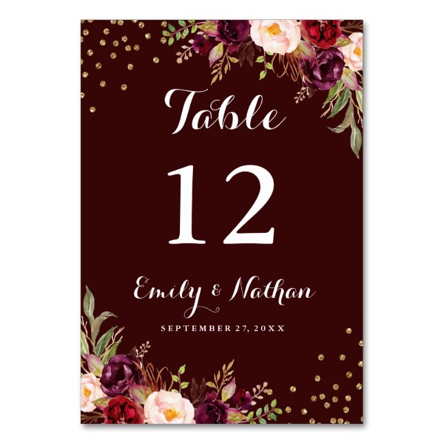 Burgundy Gold Confetti Floral Wedding Table Number (Front)