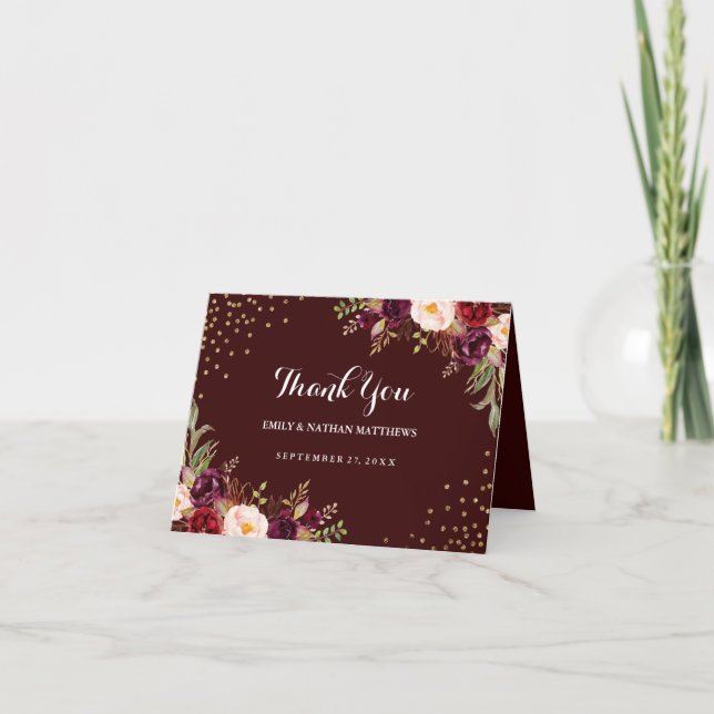 Burgundy Gold Confetti Floral Wedding Thank You Card (Front)