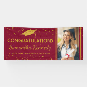 Burgundy Gold Confetti Grad Cap Photo Graduation Banner