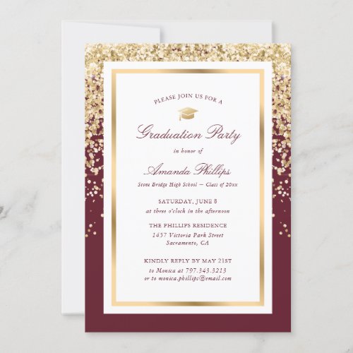 Burgundy Gold Confetti Photo Graduation Party Invitation